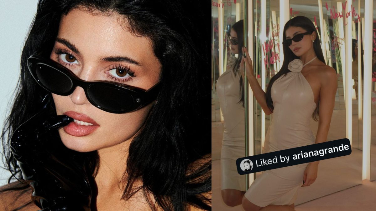 Kylie Jenner wearing her new Meta AI Starfire smart glasses in a promotional photoshoot, with Ariana Grande’s Instagram like sparking online reactions
