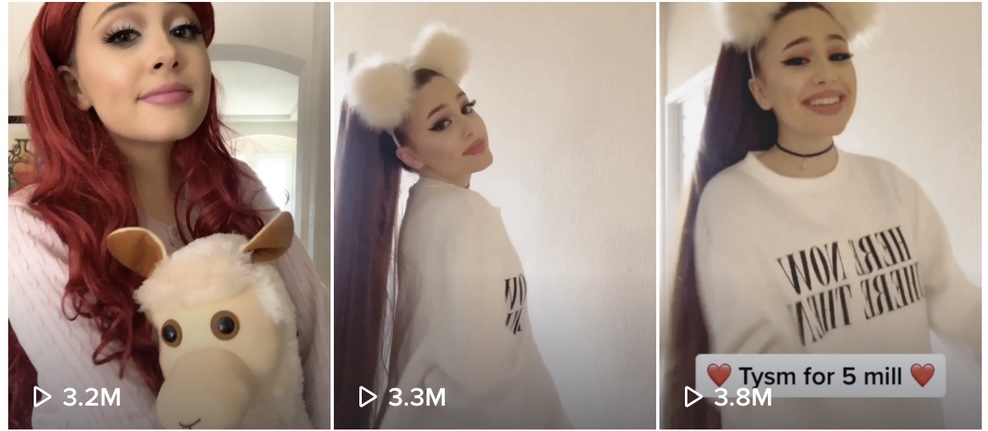 Paige Niemann recreating Ariana Grande’s signature ponytail, makeup and Cat Valentine-inspired expressions in a viral TikTok.