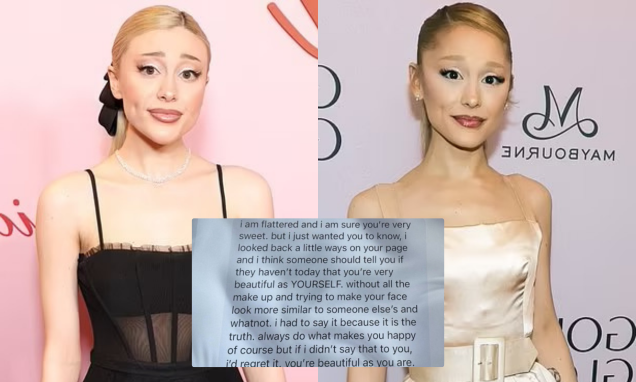 Side-by-side comparison of Ariana Grande and influencer Paige Niemann showing their similar hairstyle, makeup and styling.