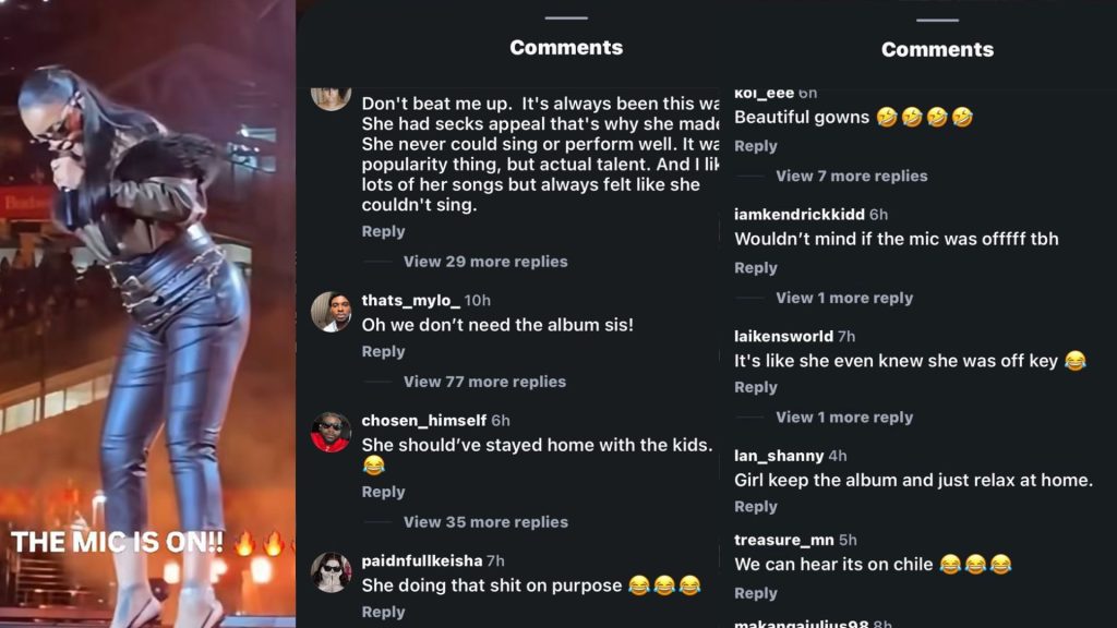 Rihanna performs during Jay-Z's Reasonable Doubt 30th anniversary concert at Yankee Stadium as viral social media comments criticizing her vocals appear on screen.